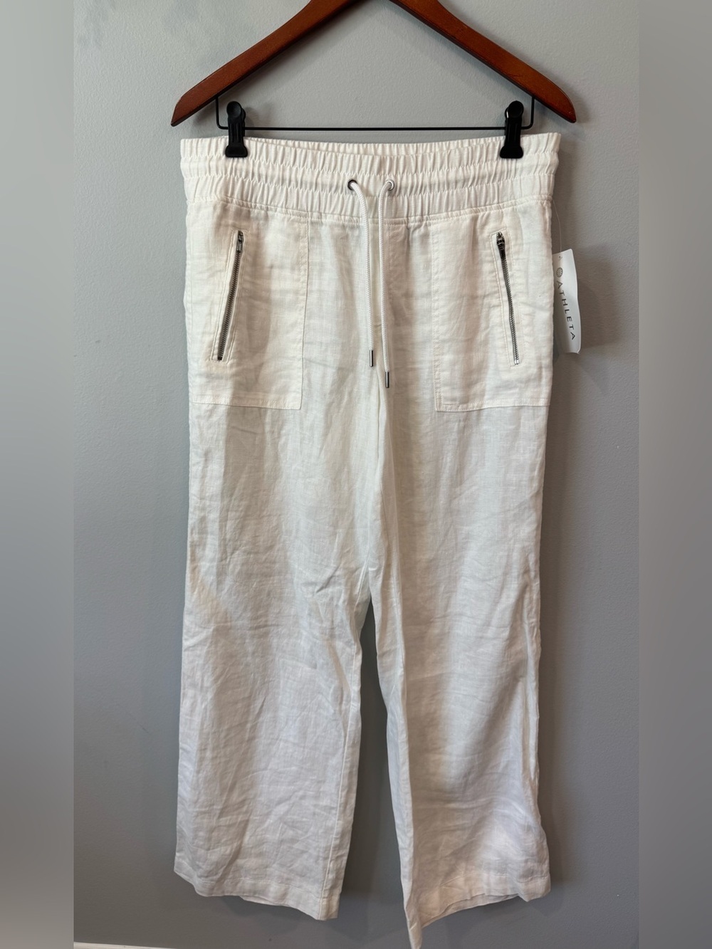New Athleta White Linen-Blend Drawstring Joggers Sz 8
